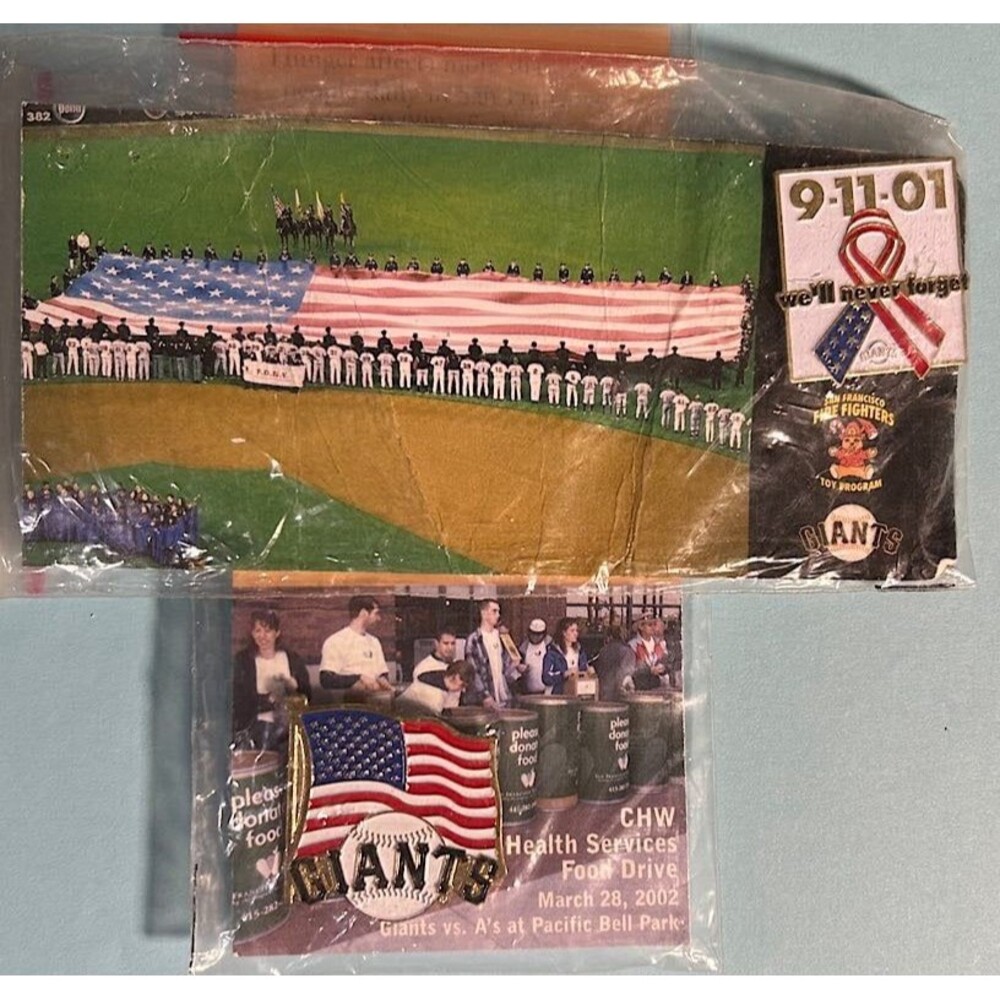 (2) 2002 San Francisco Giants USA Flag pins .9-11-01 and 2002 food drive  NIP